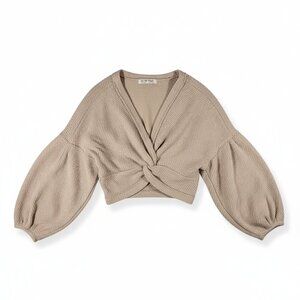 We The Free Waffle Knit Crop Sweater Twist Front Balloon Sleeve Beige S